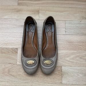 Chloe Taupe Leather Ballet Flats with Gold Plaque